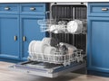 Open dishwasher with clean dishes inside in kitchen Royalty Free Stock Photo