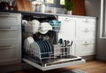 Open dishwasher with clean dishes inside in kitchen. Generate Ai Royalty Free Stock Photo