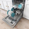 Open dishwasher with clean dishes inside in kitchen Royalty Free Stock Photo