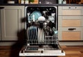 Open dishwasher with clean dishes inside in kitchen. Generate Ai Royalty Free Stock Photo