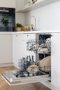 Open dishwasher with clean dishes in kitchen interior design Royalty Free Stock Photo