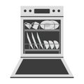 Open dishwasher with dishes clipart vector illustration. Simple modern dishwasher range machine flat vector design