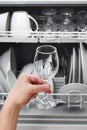 Open dishwasher, man hand taking out clean wine glass, after washing Royalty Free Stock Photo