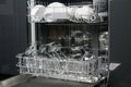 Open dishwasher with tiers for different utensils, large and small