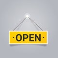 open door advertising sign store opening concept label with text flat