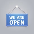 We are open door advertising sign store opening concept label with text flat