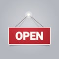 Open door advertising sign store opening concept label with text flat