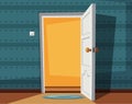 Open door. Cartoon vector illustration. Inside of home