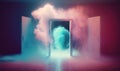 an open door with a cloud of smoke coming out of it in a room with red walls and a blue door with a pink door Royalty Free Stock Photo