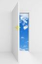 Open door with cloudy blue sky behind it Royalty Free Stock Photo