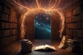 Open door in the dark room with books and lightning Royalty Free Stock Photo