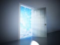 Open door in the dark room leading to the blue sky. 3D illustration Royalty Free Stock Photo