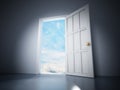 Open door in the dark room leading to the blue sky. 3D illustration Royalty Free Stock Photo