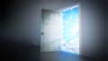 Open door in the dark room leading to the blue sky. 3D illustration Royalty Free Stock Photo