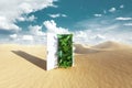 Open door in desert leading to tropical garden, green nature on desert background. Concept ecological crisis, teleport, fresh air Royalty Free Stock Photo