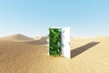 Open door in desert leading to tropical garden, green nature on desert background. Travel concept, teleport, fresh air, resort,