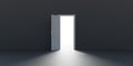 Open door on empty black wall background. Light enters from opening in dark room. 3d