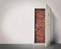 Open door entry blocked with brick wall. 3D illustration