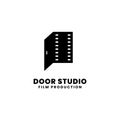 Open door film maker logo design. Film strip with door vector illustration for movie studio production graphic template