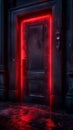 Open door framed by red neon light illuminating a wet sidewalk on a rainy night, generating a surreal and mysterious