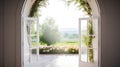 Open door in a garden with a view of the summer meadow Royalty Free Stock Photo