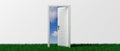 Open door on green grass, white background, blue sky view out of the door, banner. 3d illustration