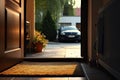 Open door house with car park view, view from inside, door open inside, welcome mat at door AI Generated Royalty Free Stock Photo
