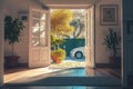 Open door house with car park view, view from inside, door open inside, welcome mat at door AI Generated Royalty Free Stock Photo
