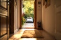 Open door house with car park view, view from inside, door open inside, welcome mat at door AI Generated Royalty Free Stock Photo