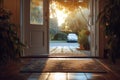 Open door house with car park view, view from inside, door open inside, welcome mat at door AI Generated Royalty Free Stock Photo