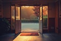 Open door house with car park view, view from inside, door open inside, welcome mat at door AI Generated Royalty Free Stock Photo