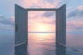 Open door leading out to serene ocean at dusk. Concept of calmness, dreams, relaxation, freedom, adventure, journey, new