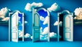 Open door leading to another open door in the sky with clouds in the background. Generative AI Royalty Free Stock Photo