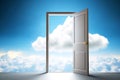 Open door leading to bright blue sky with cloud in the background. Generative AI Royalty Free Stock Photo