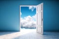Open door leading to bright blue sky with clouds in the background. Generative AI Royalty Free Stock Photo