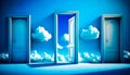 Open door leading to bright blue sky with clouds in the background. Generative AI Royalty Free Stock Photo