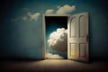 an open door leading to cloud filled sky. Generative AI Royalty Free Stock Photo