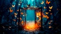 Open door in the middle of forest with lots of butterflies flying around. Generative AI Royalty Free Stock Photo