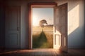 An open door overlooking an endless field. Conceptual image of opening opportunities. Royalty Free Stock Photo