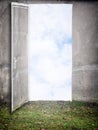 Open Door painted on the wall on green grass. Conceptual new way Royalty Free Stock Photo