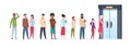 Open door queue. Trending people characters standing outside young adult customer line group stylish clothes. Flat Royalty Free Stock Photo