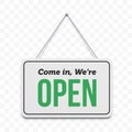 Open door sign. Vector We are open hanging signboard