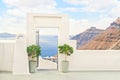 Open door and terrace with view of sea and mountains Royalty Free Stock Photo