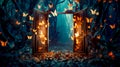 Open door to dark forest with butterflies flying out of the doors. Generative AI Royalty Free Stock Photo
