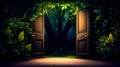 Open door to dark forest with tree in the middle of it. Generative AI Royalty Free Stock Photo