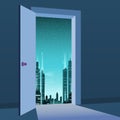 Open Door to nature way. City night, Moon, town, symbol freedom, new way exit, discovery, opportunities. Motivation