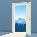 Open Door to nature way. Landscape valley forest, mountaines, symbol freedom, new way exit, discovery, opportunities