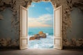 Open door to the sea with blue sky and white clouds background Royalty Free Stock Photo
