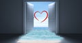 Open door to sea with heart shape