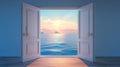 Open door to serene ocean. Concept of calmness, dreams, relaxation, freedom, adventure, journey, new beginnings, the